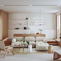 Minimalist Natural Living Room Interior With Wooden Wall White Shelves Beige Sofa And Rattan Chairs