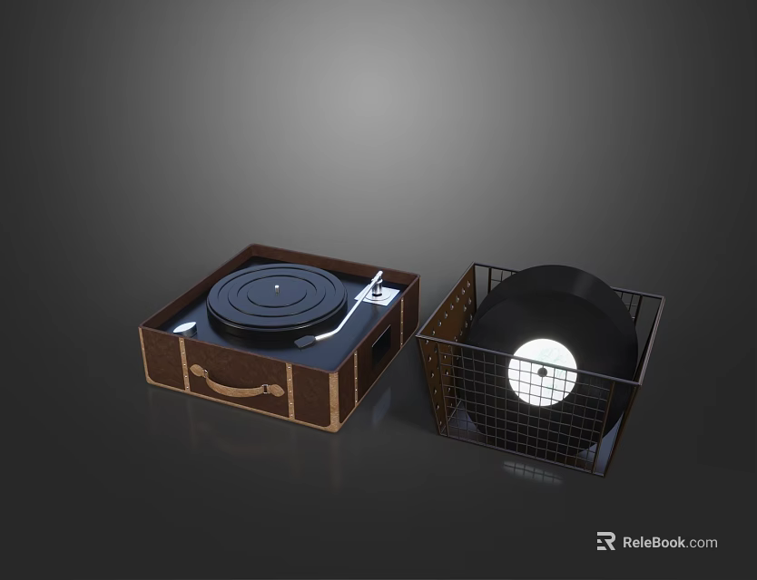 Vintage Vinyl Record Player with Brown Case and Wire Record Basket 3d model 