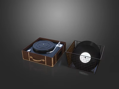 Vintage Vinyl Record Player with Brown Case and Wire Record Basket 3d model