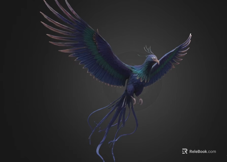 Mythical Flying Bird With Vibrant Blue Green Feathers Spread Wings And Long Tail 3d model 