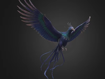 Mythical Flying Bird With Vibrant Blue Green Feathers Spread Wings And Long Tail 3d model