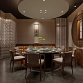 Traditional Chinese Teahouse Interior With Wooden Table Lattice Screens Green Plants And Hanging Scrolls