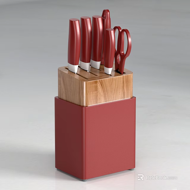 Red Handle Kitchen Knife Set With Scissors In Wooden Block Stand 3d model 