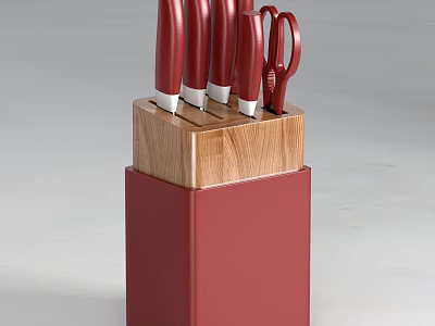 Red Handle Kitchen Knife Set With Scissors In Wooden Block Stand 3d model
