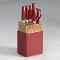 Red Handle Kitchen Knife Set With Scissors In Wooden Block Stand 3d model