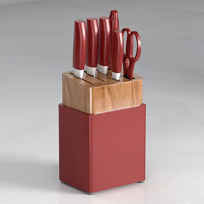 Red Handle Kitchen Knife Set With Scissors In Wooden Block Stand 3d model
