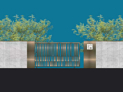 Entrance Gate With Metal Rail Design Marble Walls Trees And Blue Sky 3d model