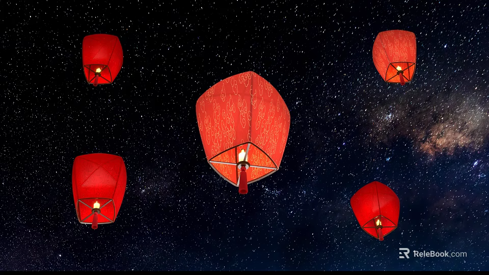 Red Decorative Sky Lanterns Floating In Night Sky With Starry Background 3d model