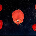 Red Decorative Sky Lanterns Floating In Night Sky With Starry Background 3d model