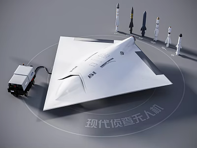 Modern Reconnaissance Fighter Drone Displayed with Rockets and Support Vehicle on Gray Platform 3d model