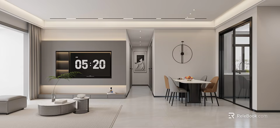Modern Living Dining Room Interior With TV Wall Clock Dining Table And Chairs 3d model