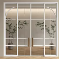 White Framed Glass Door With Arch Design Green Plants And Wooden Floor