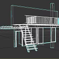 Brown Wooden Stairs Connecting Upper Platform With White Railing Dark Floor And Gray Wall
