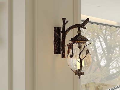 Rustic Wooden Branch Design Wall Lamp With Glass Shade For Indoor Home Decor 3d model