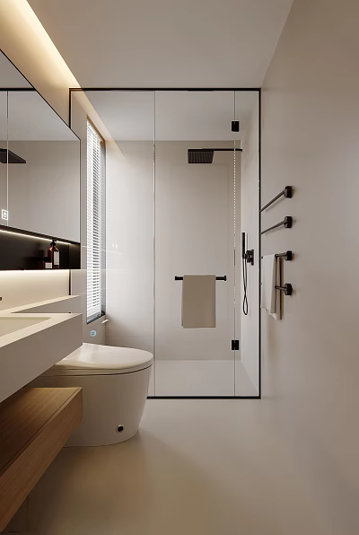 Modern Bathroom Interior With Glass Shower Enclosure Vanity Mirror Toilet And Towel Rack 3d model