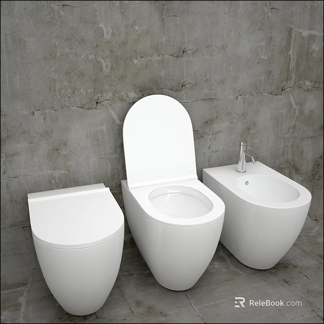 Three White Modern Toilets Against Gray Concrete Wall in Bathroom Interior 3d model 