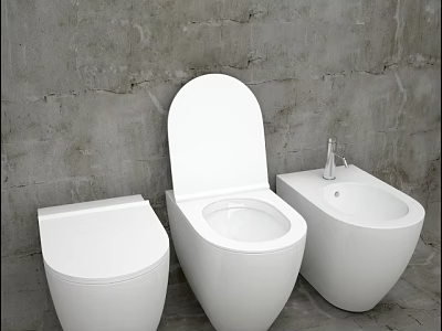 Three White Modern Toilets Against Gray Concrete Wall in Bathroom Interior 3d model
