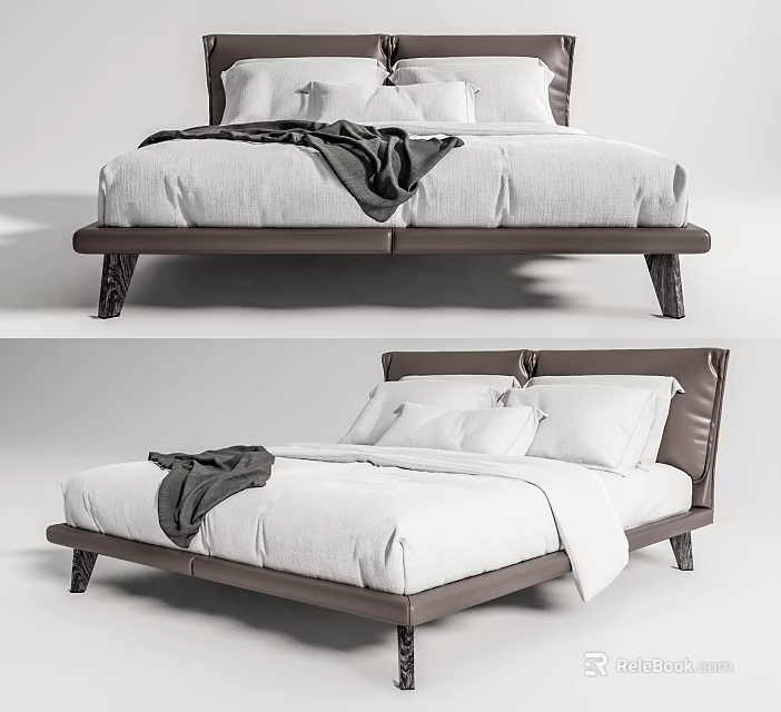 Modern Double Bed With White Sheets Gray Blanket And Leather Headboard 3d model