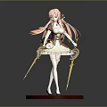 Game Movie Character Pink Long Hair White Brown Dress Golden Staffs Standing On Brown Base