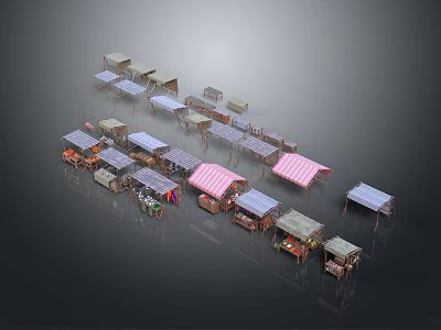 Colorful Outdoor Market Stalls With Various Colored Canopies And Vendor Displays 3d model