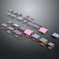 Colorful Outdoor Market Stalls With Various Colored Canopies And Vendor Displays