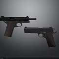 Two Modern Pistols with Black Body and Brown Wooden Grips on Gray Reflective Background