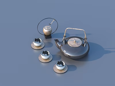 Minimalist Tea Set With Metallic Teapot Teacups And Saucers On Blue Surface 3d model