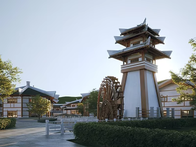 Traditional Chinese Multi Story Tower With Waterwheel And Historic Buildings In Scenic Area 3d model