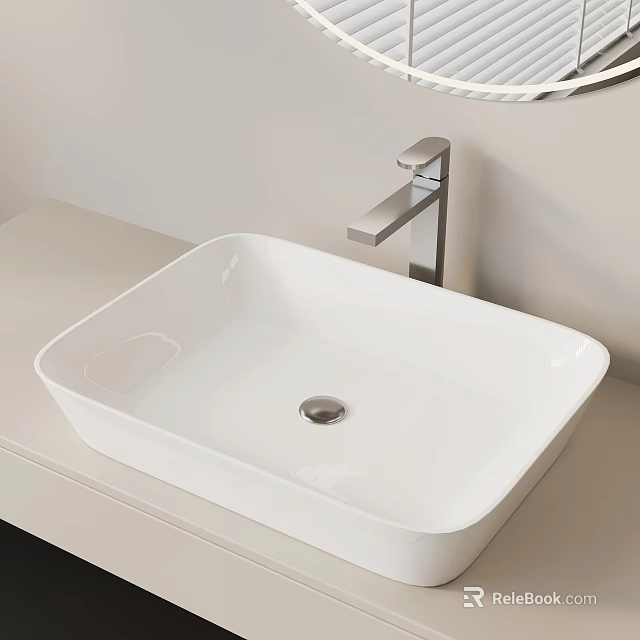 White Square Ceramic Washbasin on Light Colored Countertop with Modern Faucet 3d model 