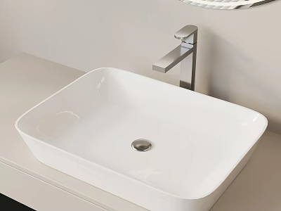 White Square Ceramic Washbasin on Light Colored Countertop with Modern Faucet 3d model