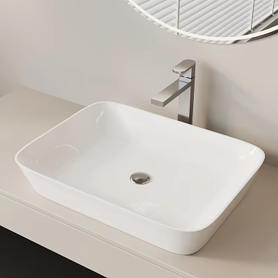 White Square Ceramic Washbasin on Light Colored Countertop with Modern Faucet 3d model