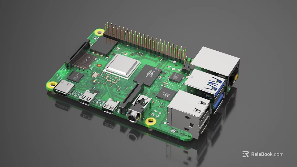 Green Single Board Computer PCB With USB HDMI Ethernet Ports And Electronic Components 3d model