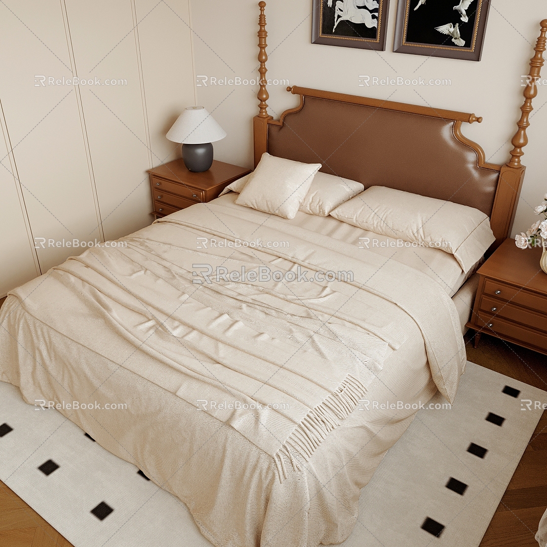 French Retro Double Bed Solid Wood Bed 3d model