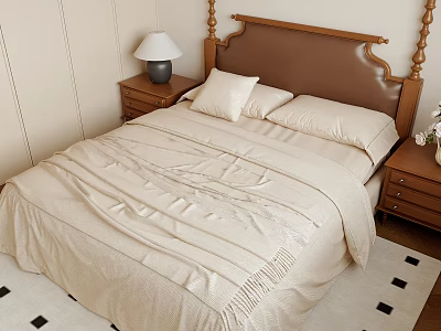Wooden Double Bed With Brown Leather Headboard Beige Quilt Pillows Nightstands Lamp Black White Rug 3d model