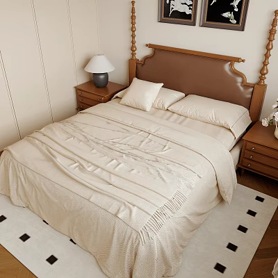 Wooden Double Bed With Brown Leather Headboard Beige Quilt Pillows Nightstands Lamp Black White Rug 3d model