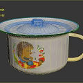 Vintage Enamel Mug With Lid Featuring Hedgehog Illustration Flowers And Fruits