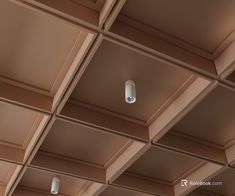 Brown Wooden Grid Ceiling Design With Recessed Lights And Decorative Frames 3d model 