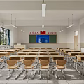 Well Lit School Classroom With Desks Chairs Windows And Blackboard