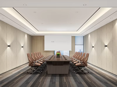 Spacious Conference Room Featuring Long Table Brown Leather Chairs Projection Screen And Striped Carpet 3d model