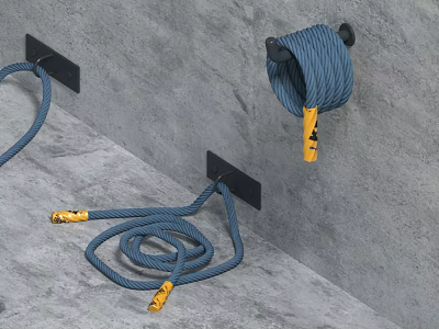 Durable Household Hooks Holding Blue Ropes With Yellow Ends On Gray Wall 3d model