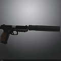 Black Metal Pistol With Silencer And Wooden Grip On Gray Background