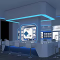 Hi Tech Modern Exhibition Hall Interior With Blue LED Lighting Display Cabinets And Seating