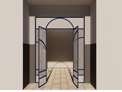Modern Blue Frame Double Doors With Glass Panels And Arched Design Open In Interior 3d model
