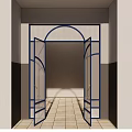 Modern Blue Frame Double Doors With Glass Panels And Arched Design Open In Interior