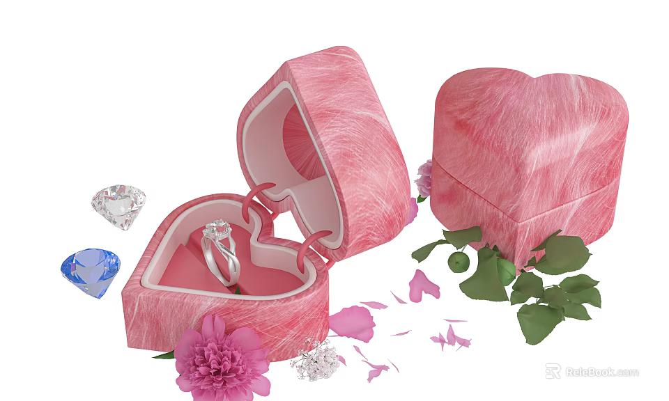 Elegant Jewelry Display In Open Pink Heart Shaped Box With Diamond Blue Gemstone And Petals 3d model 