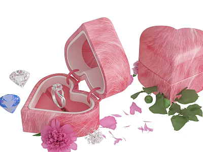 Elegant Jewelry Display In Open Pink Heart Shaped Box With Diamond Blue Gemstone And Petals 3d model