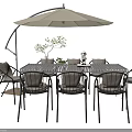 Outdoor Table Set With Metal Frame Chairs And Beige Cantilever Umbrella For Patio