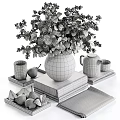 Decorative Ornament Set With Green Plants Vase Pears Books Magazines And Tray