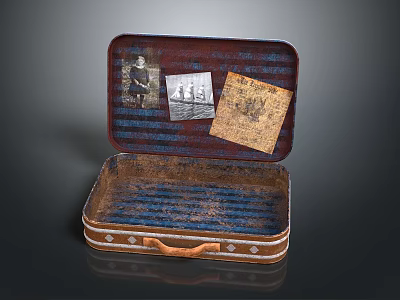 Vintage Decorative Ornament Set with Open Trunk Photos Card Striped Design and Wooden Handle 3d model