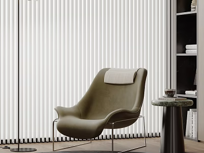 Cozy Lounge Room With Olive Green Armchair Small Round Table Black Bookshelf And White Blinds 3d model